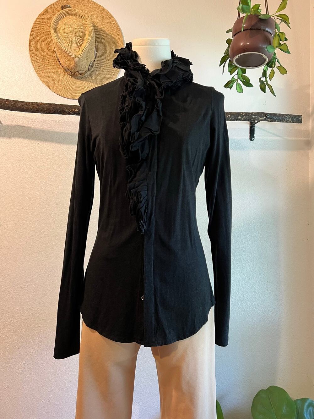 Blue Label 80s Ralph Lauren Black Ruffled Long Sleeve Cotton Blouse Size Medium